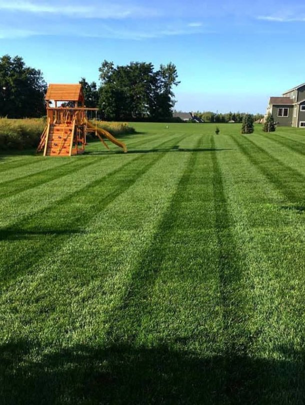View of a larged mowed lawn, with a home and kids playground in the background.